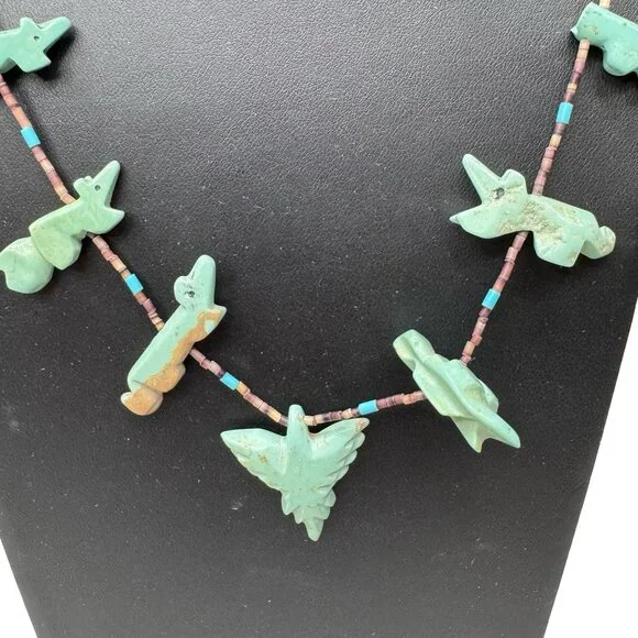 Vintage Zuni Carved Turquoise Thunderbird Fetish Heishi Beaded Necklace 32" READ - Picture 1 of 10